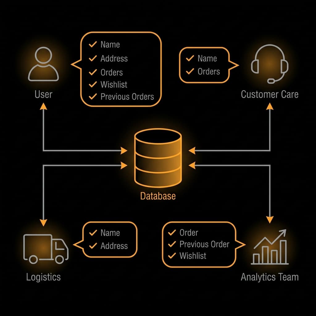 Diagram showing Database in center connected to User, Customer Care, Logistics, and Analytics Team with different data views